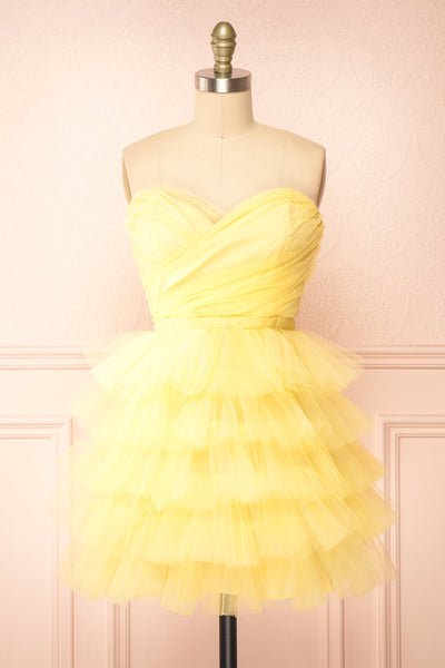 Myrah Yellow Strapless Tiered Tulle Short Dress | Boutique 1861 front view