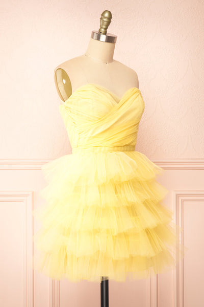 Myrah Yellow Strapless Tiered Tulle Short Dress | Boutique 1861 side view