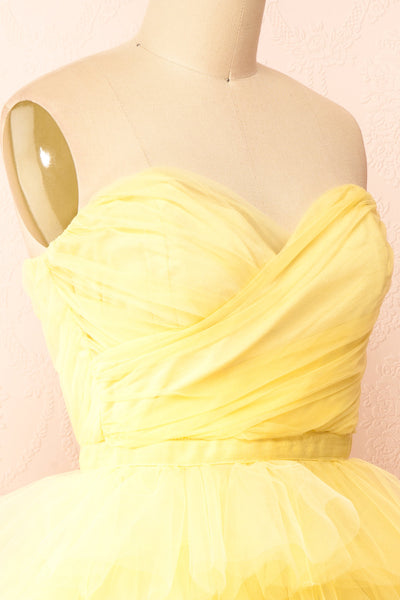 Myrah Yellow Strapless Tiered Tulle Short Dress | Boutique 1861 side close-up