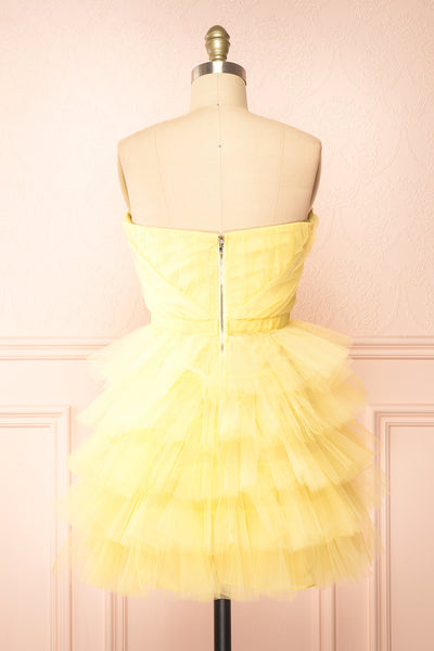Myrah Yellow Strapless Tiered Tulle Short Dress | Boutique 1861 back view