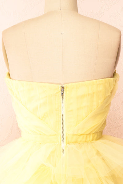 Myrah Yellow Strapless Tiered Tulle Short Dress | Boutique 1861 back close-up