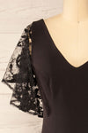 Myrania Black Fitted Midi Dress w/ Short Sleeves | La petite garçonne  front close-up