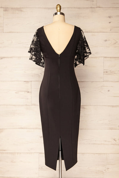 Myrania Black Fitted Midi Dress w/ Short Sleeves | La petite garçonne back view
