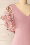 Myrania Mauve Fitted Midi Dress w/ Short Sleeves | La petite garçonne side close-up