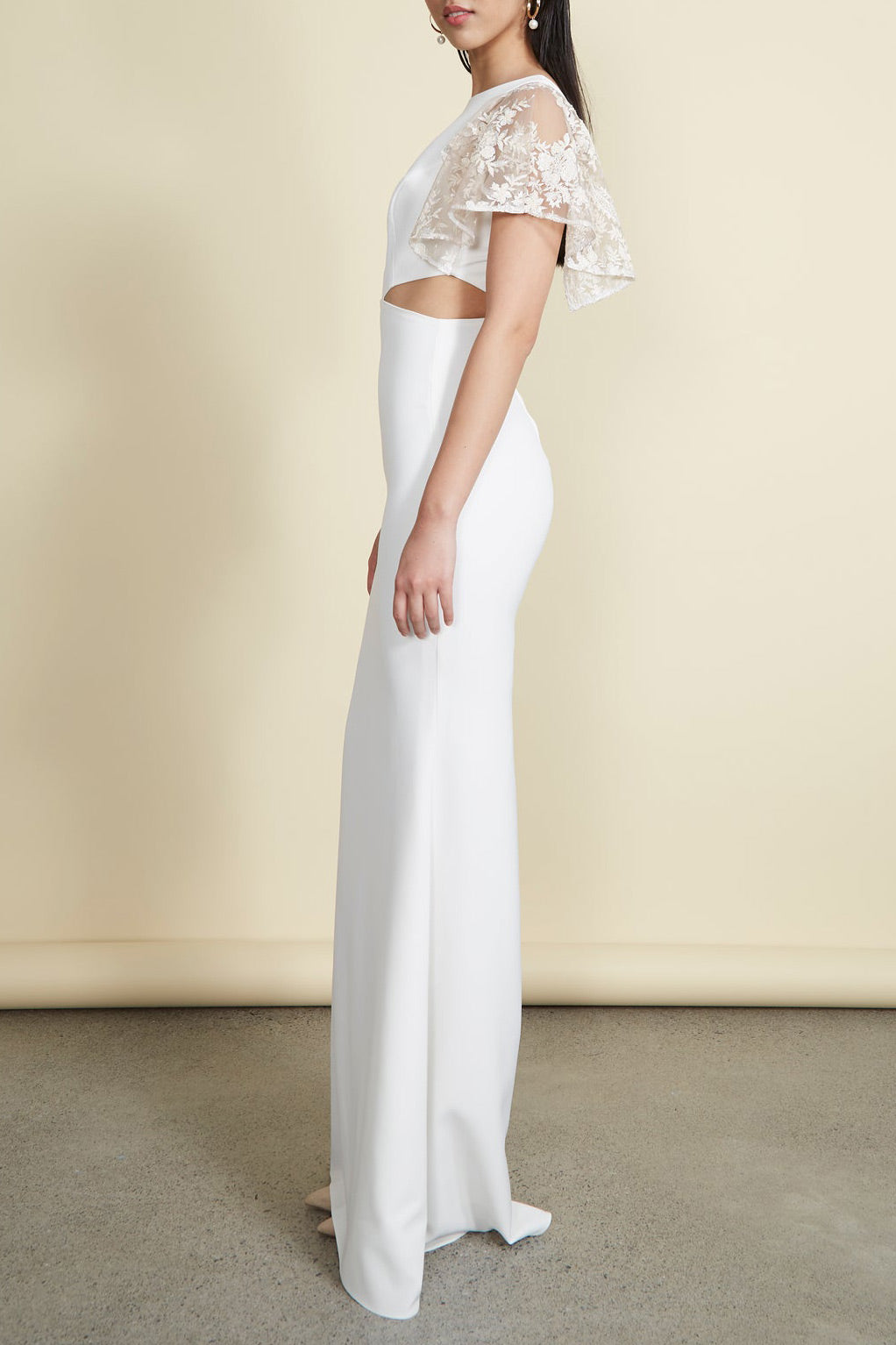 Myranie Ivory Mermaid Maxi Dress w/ Lace Sleeves | Boudoir 1861 side on model