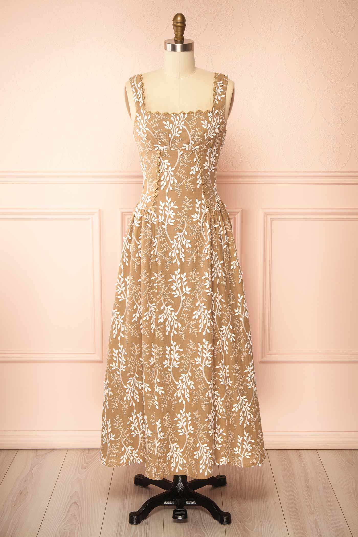 Front view Myrix Brown Basque Waist Midi Dress with Leaf Embroidered at boutique 1861