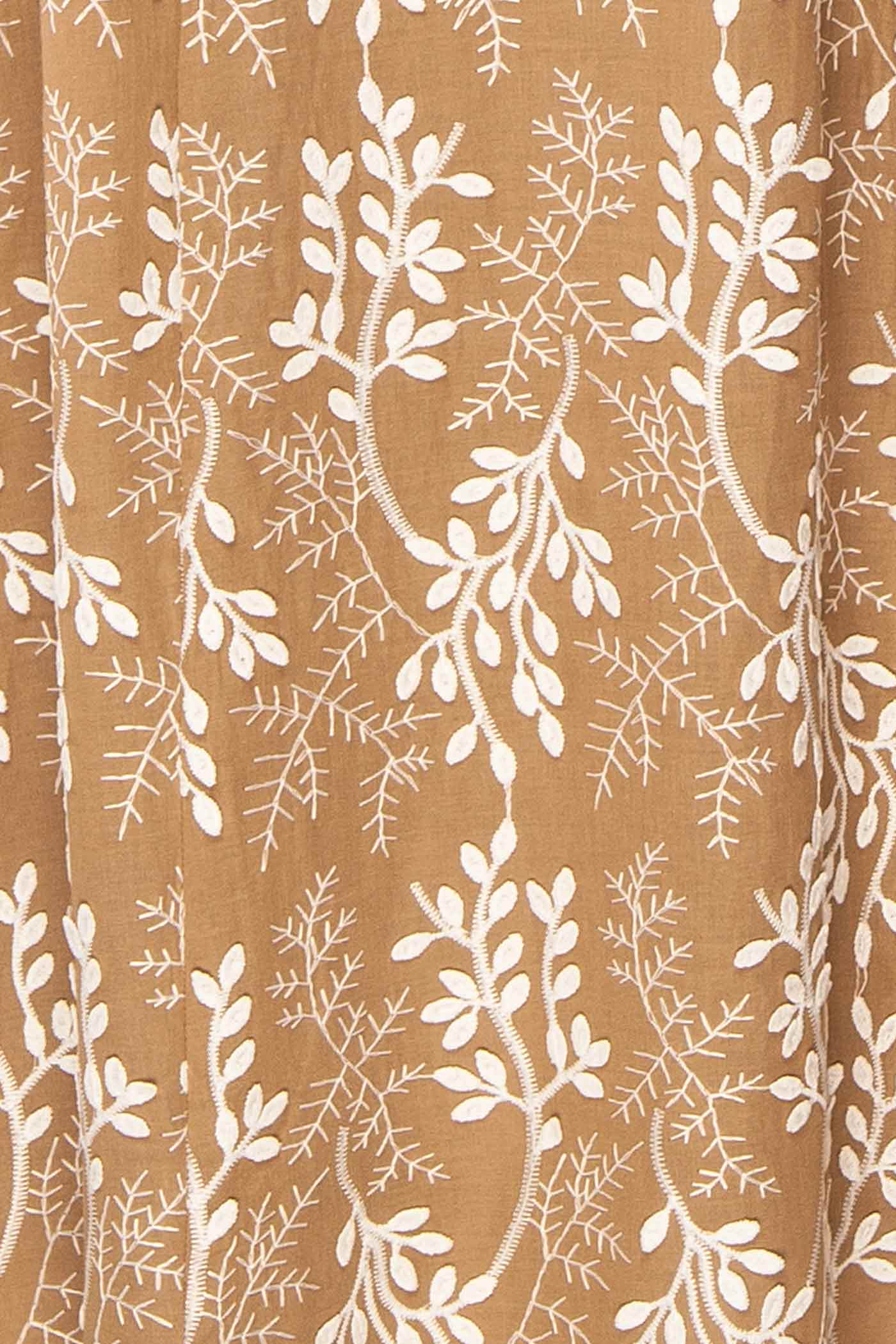 Close-up view Myrix Brown Basque Waist Midi Dress with Leaf Embroidered at boutique 1861