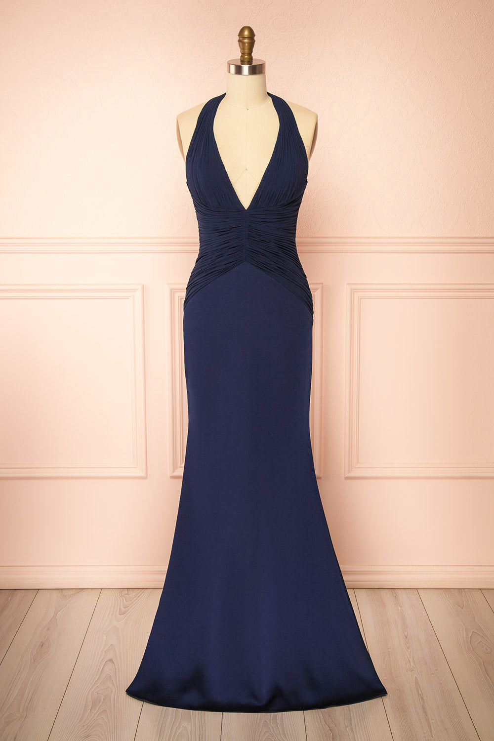 Myrna Navy Mermaid Maxi Chiffon Dress with Halter Neck | Boutique 1861 front view