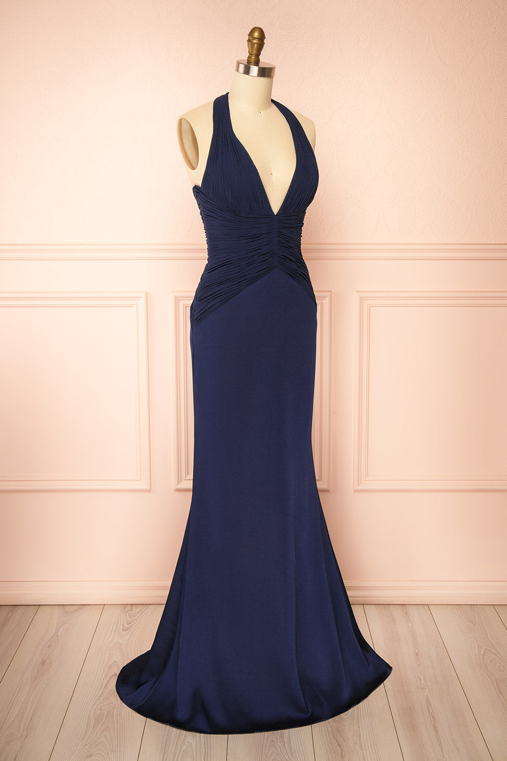 Myrna Navy Mermaid Maxi Chiffon Dress with Halter Neck | Boutique 1861 side view