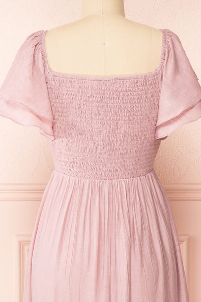 Myrtille Mauve Midi Dress w/ Ruffled Sleeves | Boutique 1861 back close-up
