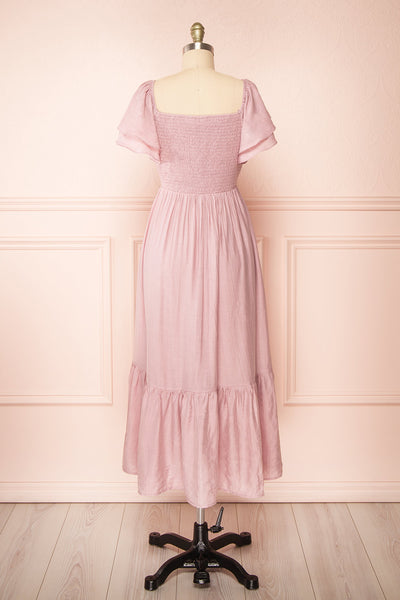 Myrtille Mauve Midi Dress w/ Ruffled Sleeves | Boutique 1861 back view