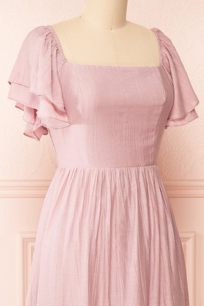 Myrtille Mauve Midi Dress w/ Ruffled Sleeves | Boutique 1861 side close-up