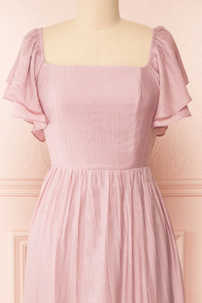 Myrtille Mauve Midi Dress w/ Ruffled Sleeves | Boutique 1861 front close-up