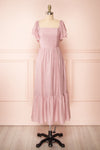 Myrtille Mauve Midi Dress w/ Ruffled Sleeves | Boutique 1861front view
