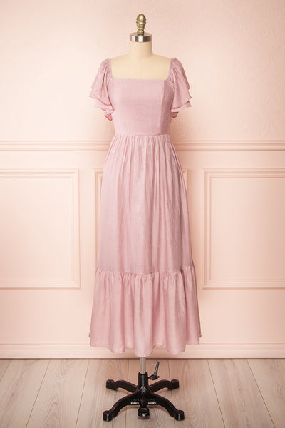 Myrtille Mauve Midi Dress w/ Ruffled Sleeves | Boutique 1861front view
