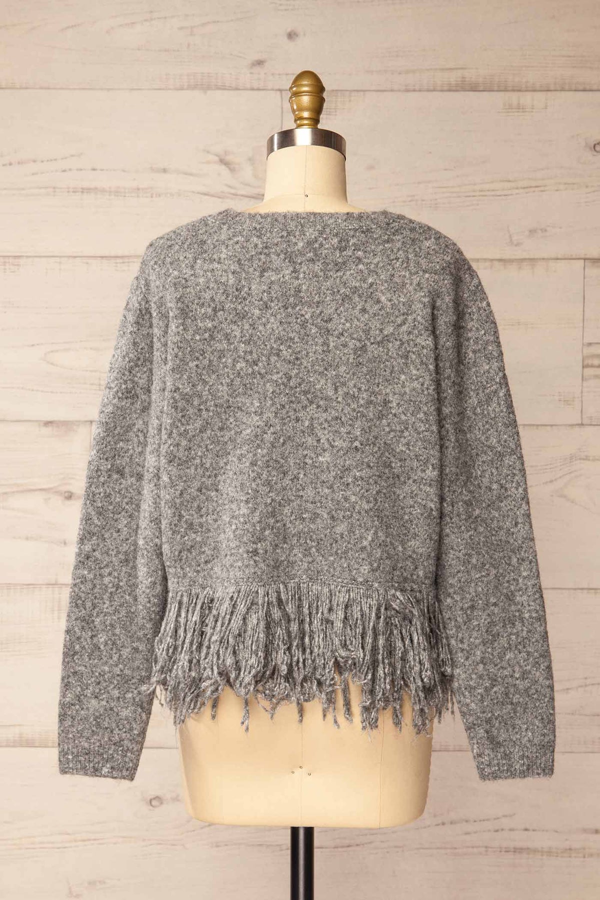 Nachvak Gris | Chandail en Tricot à Col Rond et Franges