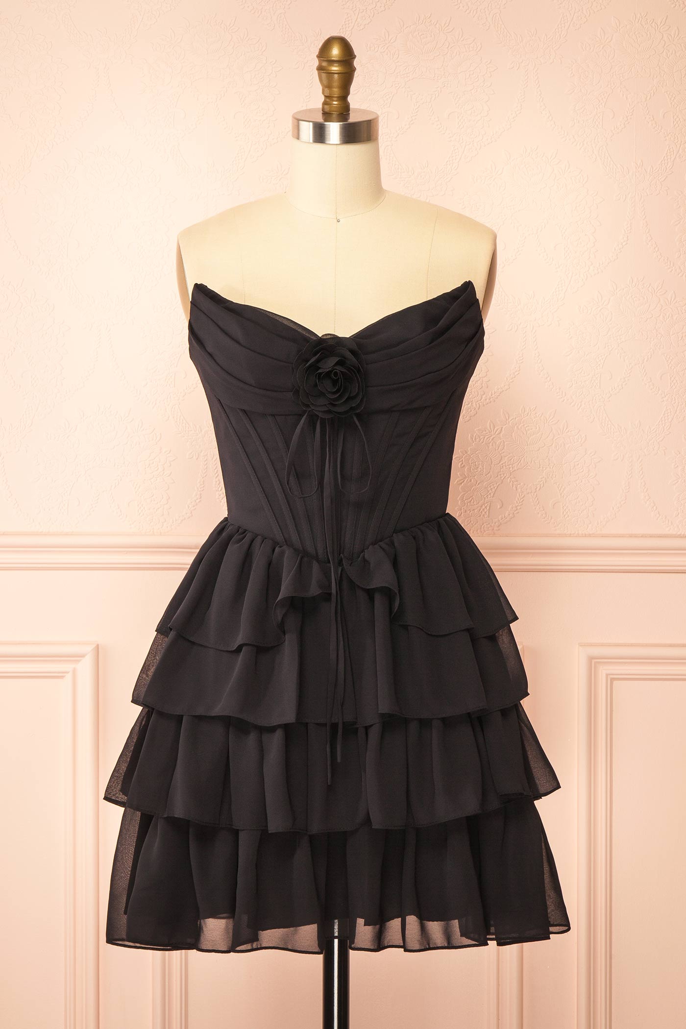 Naemia Black Strapless Corset Mini Dress with Flower | Boutique 1861 front