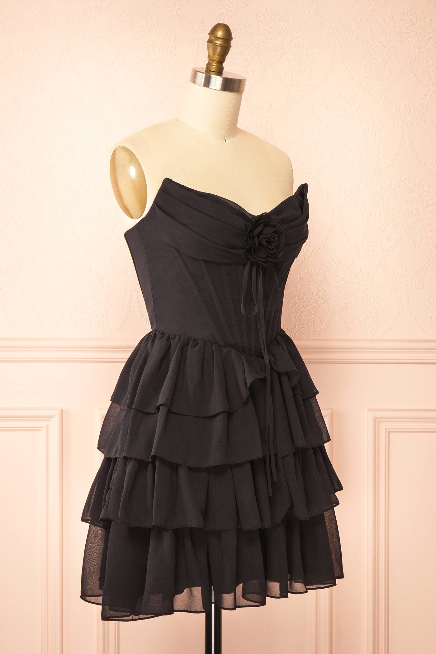 Naemia Black Strapless Corset Mini Dress with Flower | Boutique 1861 side