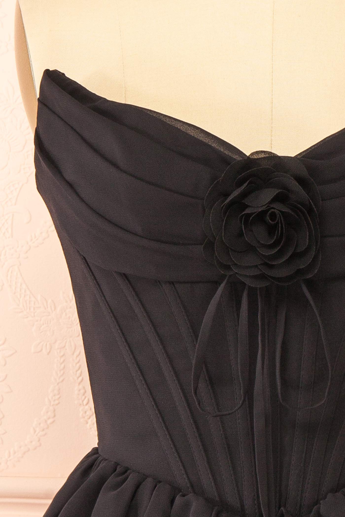 Naemia Black Strapless Corset Mini Dress with Flower | Boutique 1861 details 