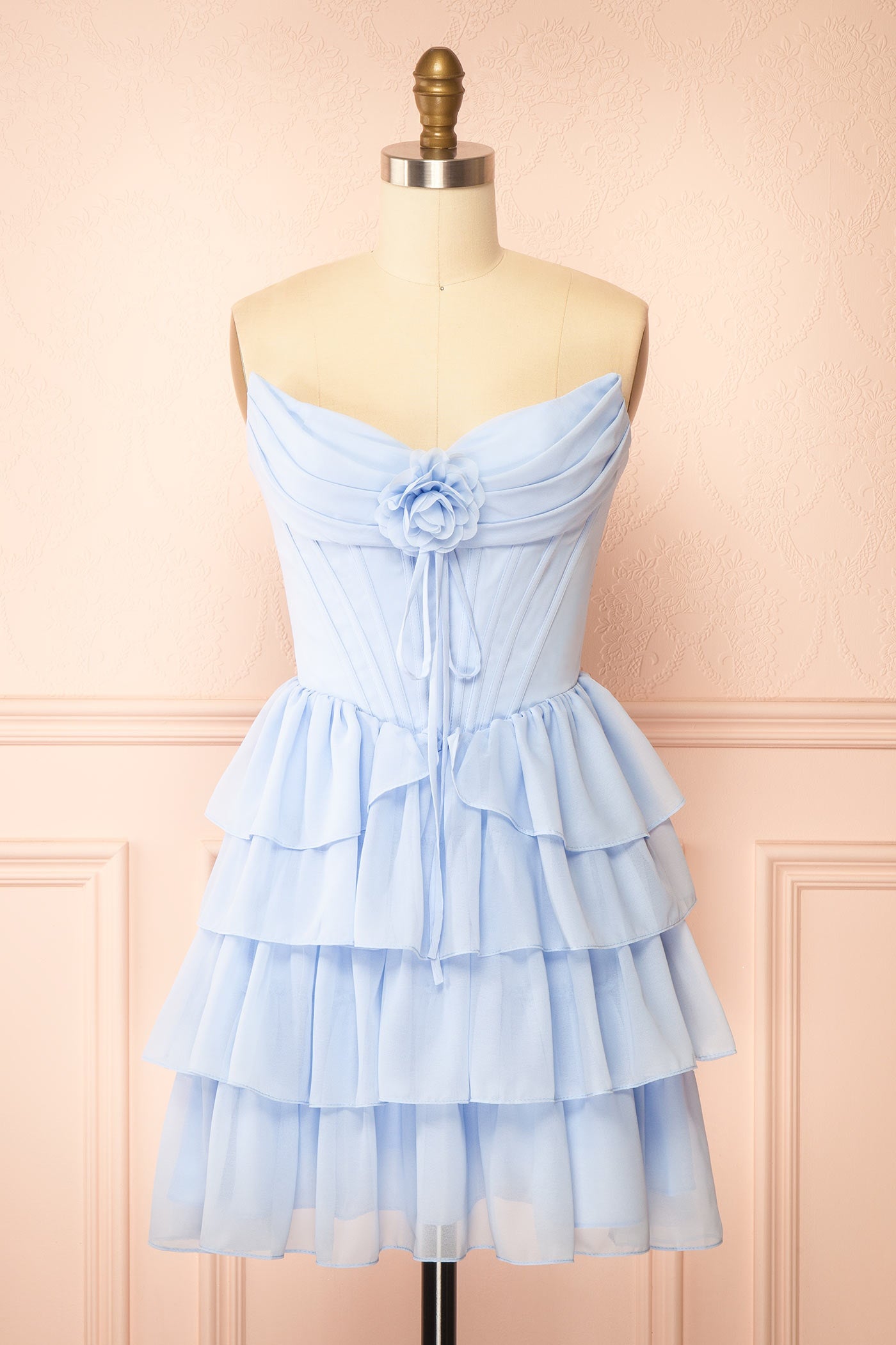 Naemia Blue Strapless Corset Mini Dress with Flower | Boutique 1861 front
