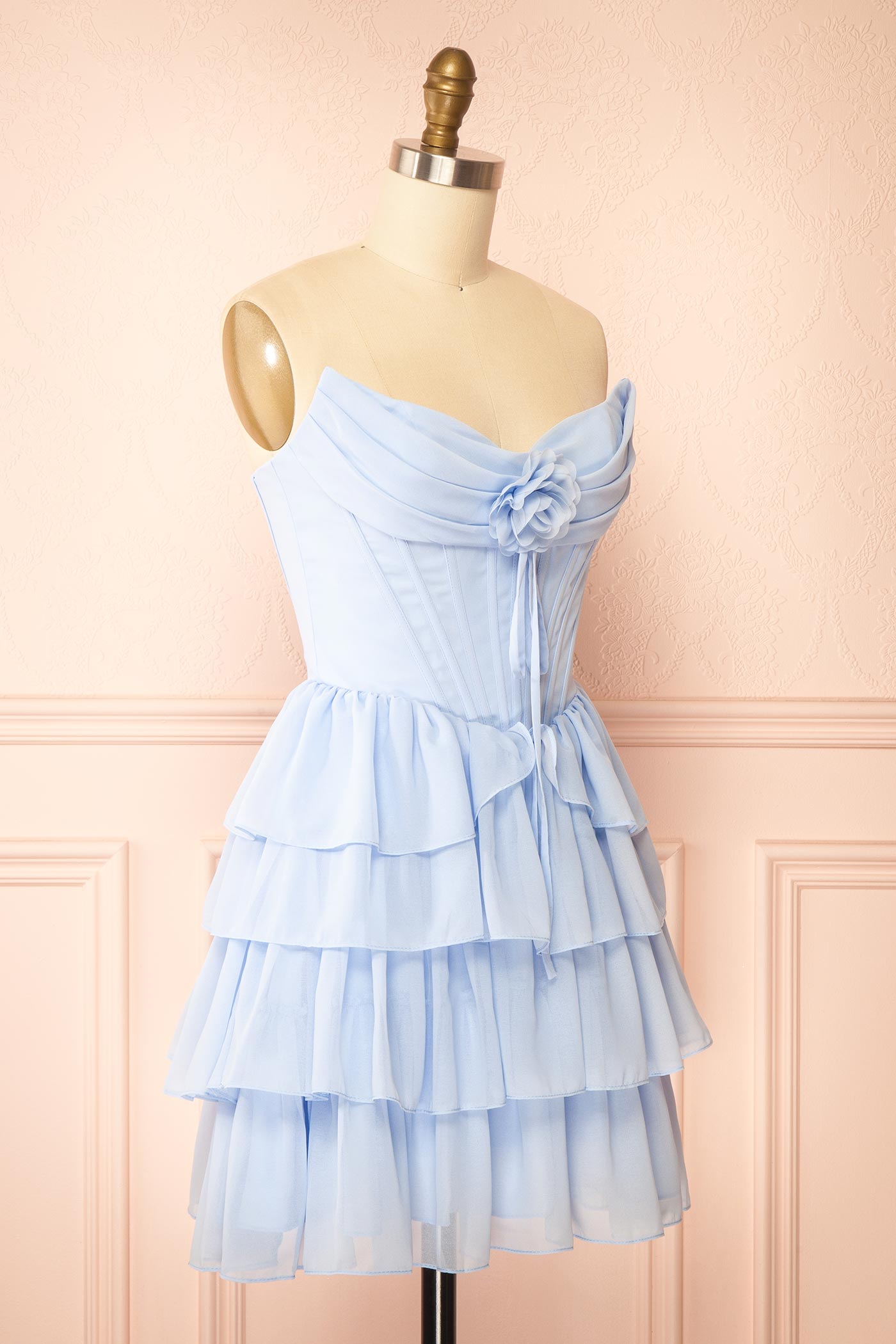 Naemia Blue Strapless Corset Mini Dress with Flower | Boutique 1861 side