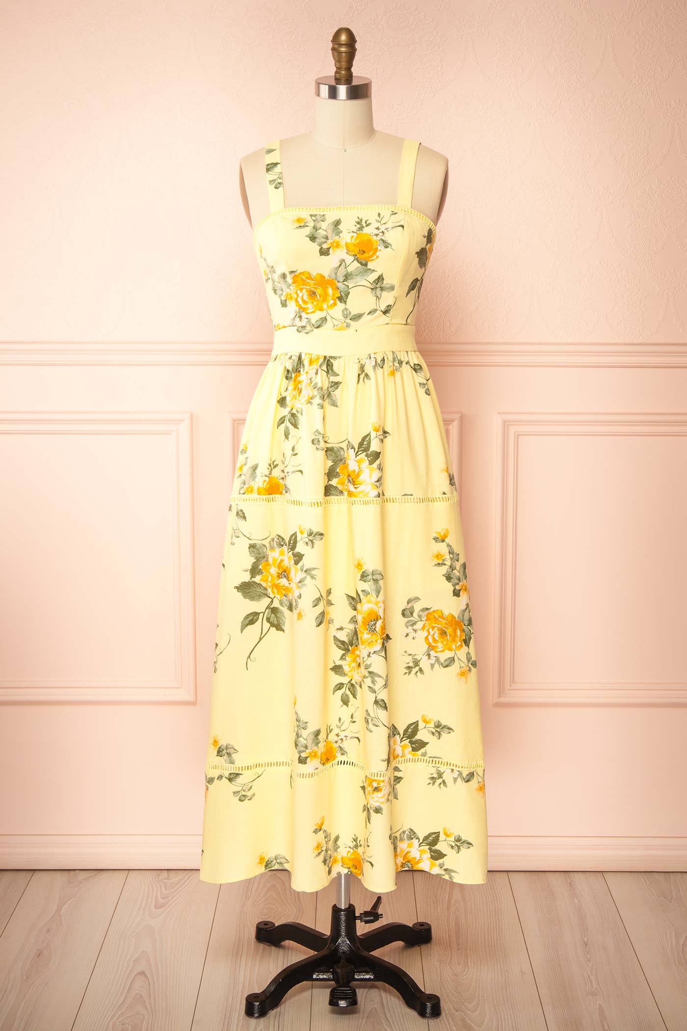 Frontview of Najwa Yellow Midi Dress with Floral Pattern at boutique 1861