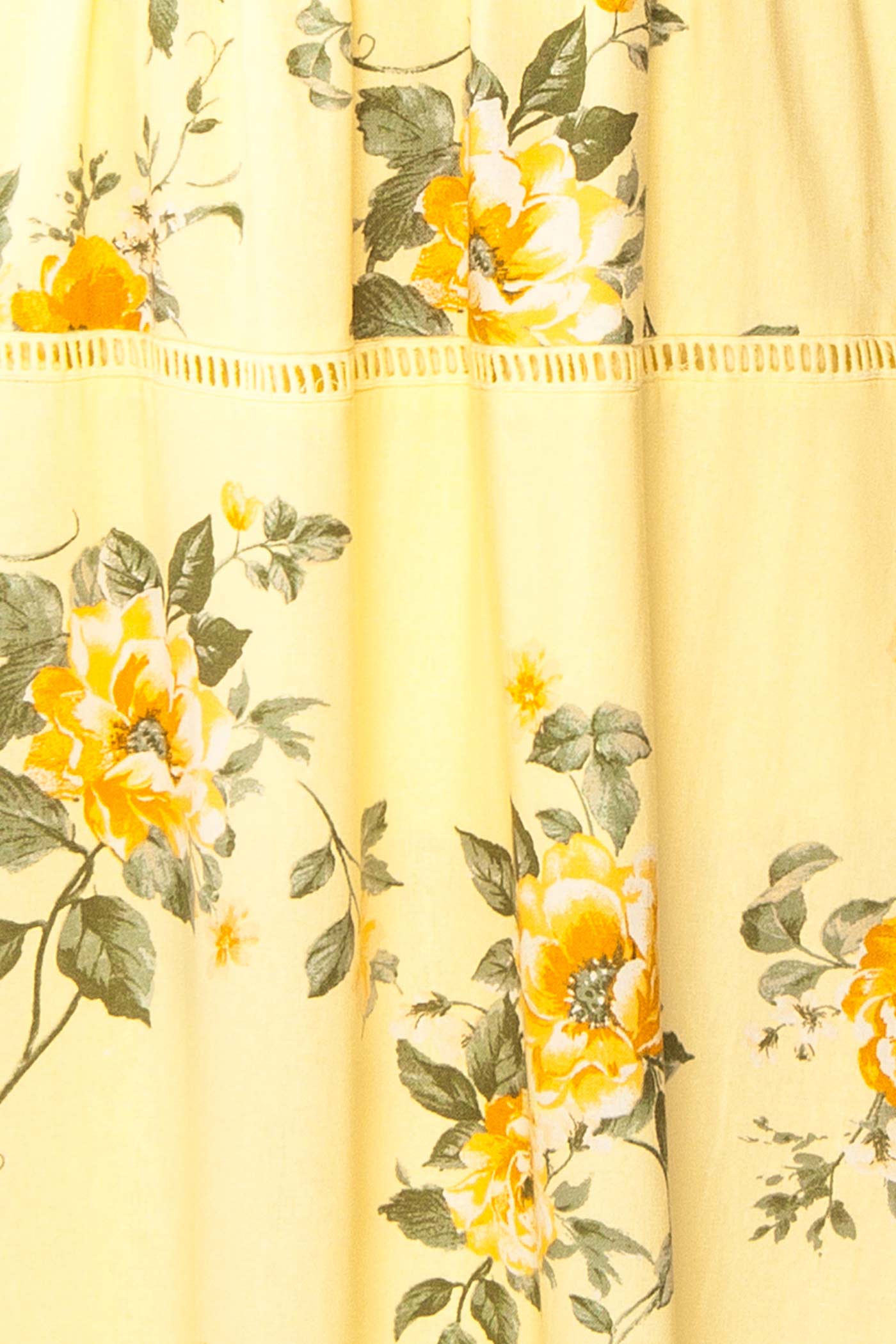 Close-up of Najwa Yellow Midi Dress with Floral Pattern at boutique 1861