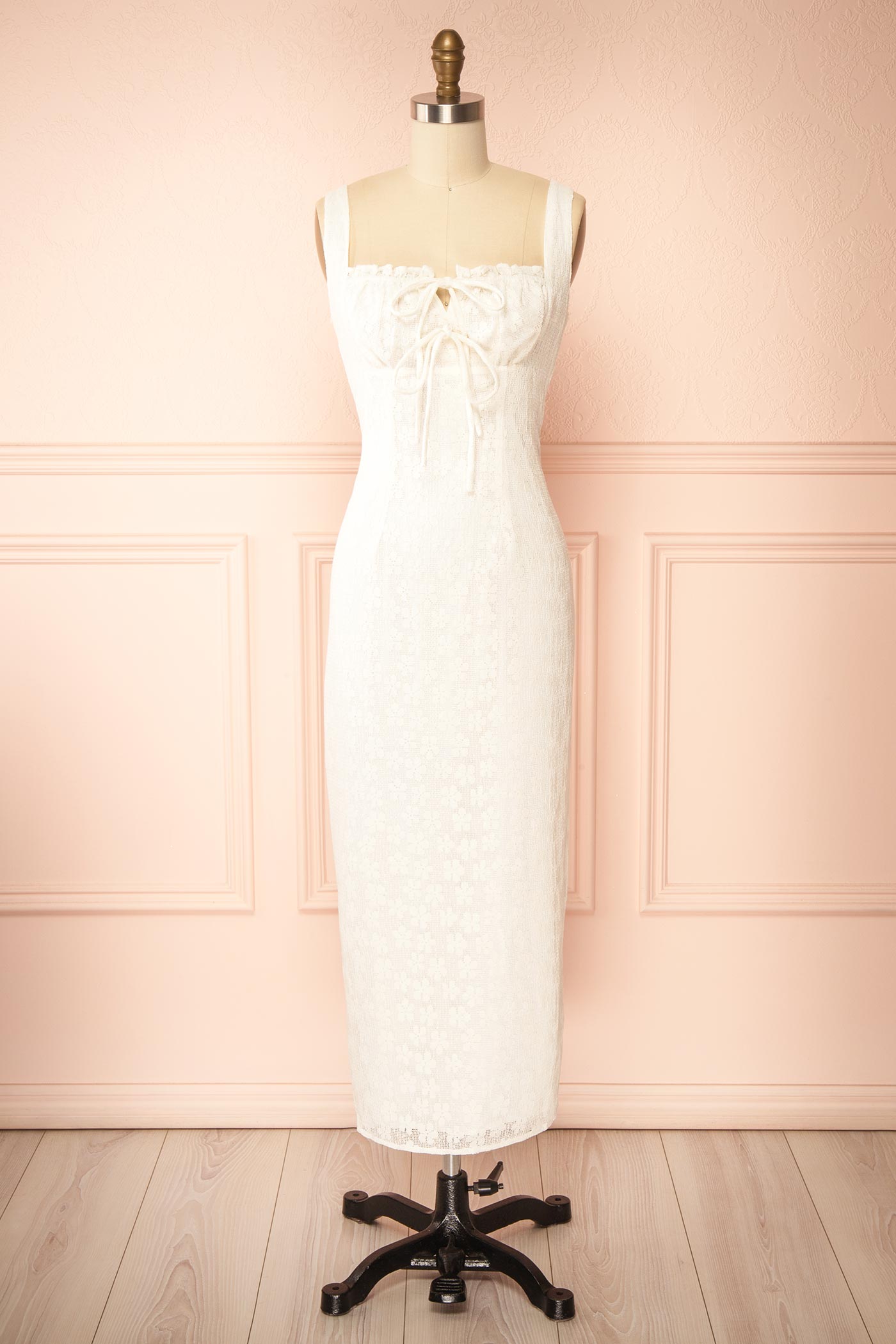 Frontview Nakoa Ivory Lace Midi Dress with Square Neckline at la boutque 1861