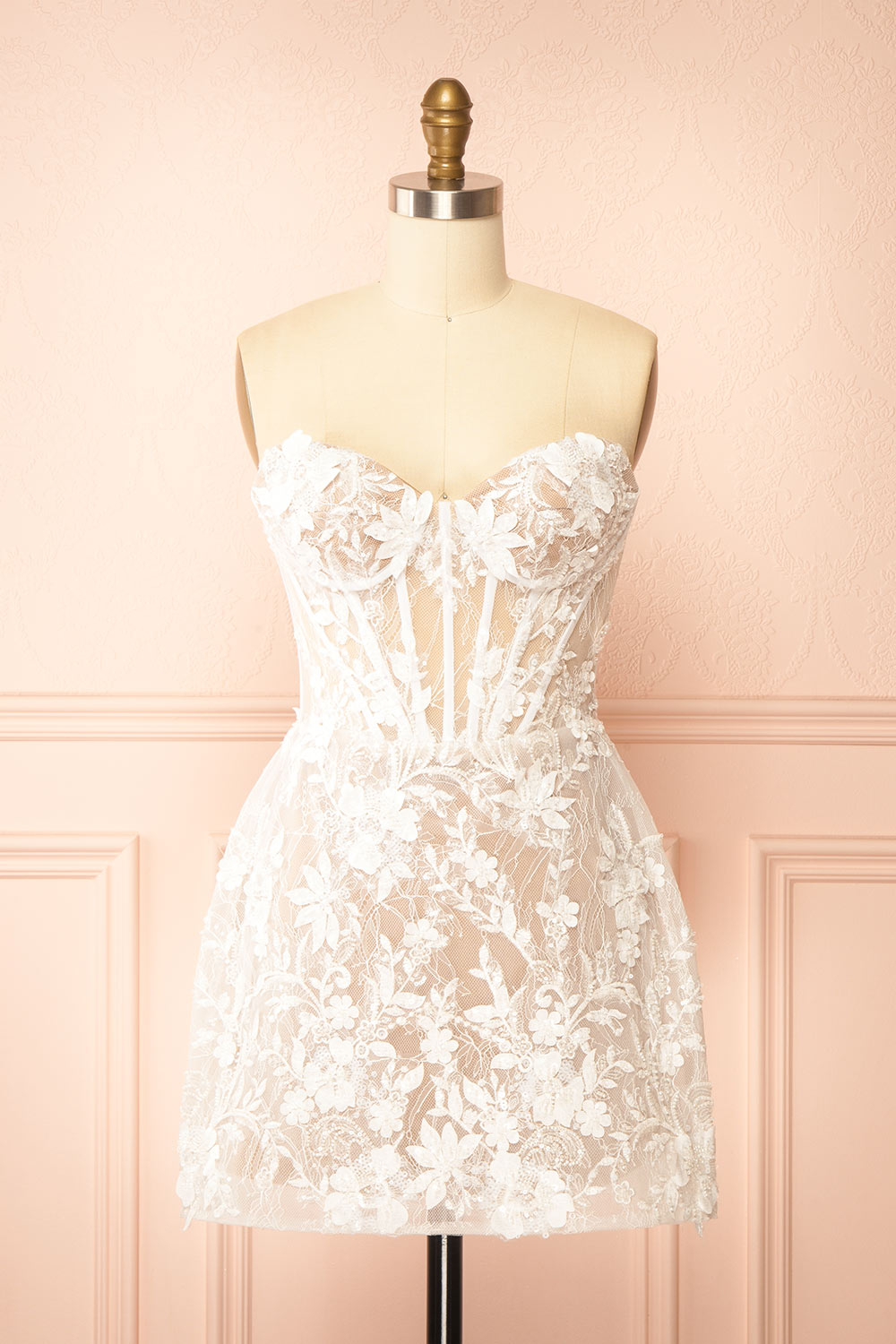 Nalah White Short Corset Dress with Appliqués | Boudoir 1861 front view