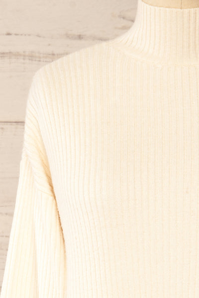 Nalchik Ivory Long Ribbed Sweater w/ Slit | La petite garçonne front close-up