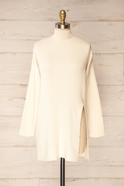 Nalchik Ivory Long Ribbed Sweater w/ Slit | La petite garçonne front view