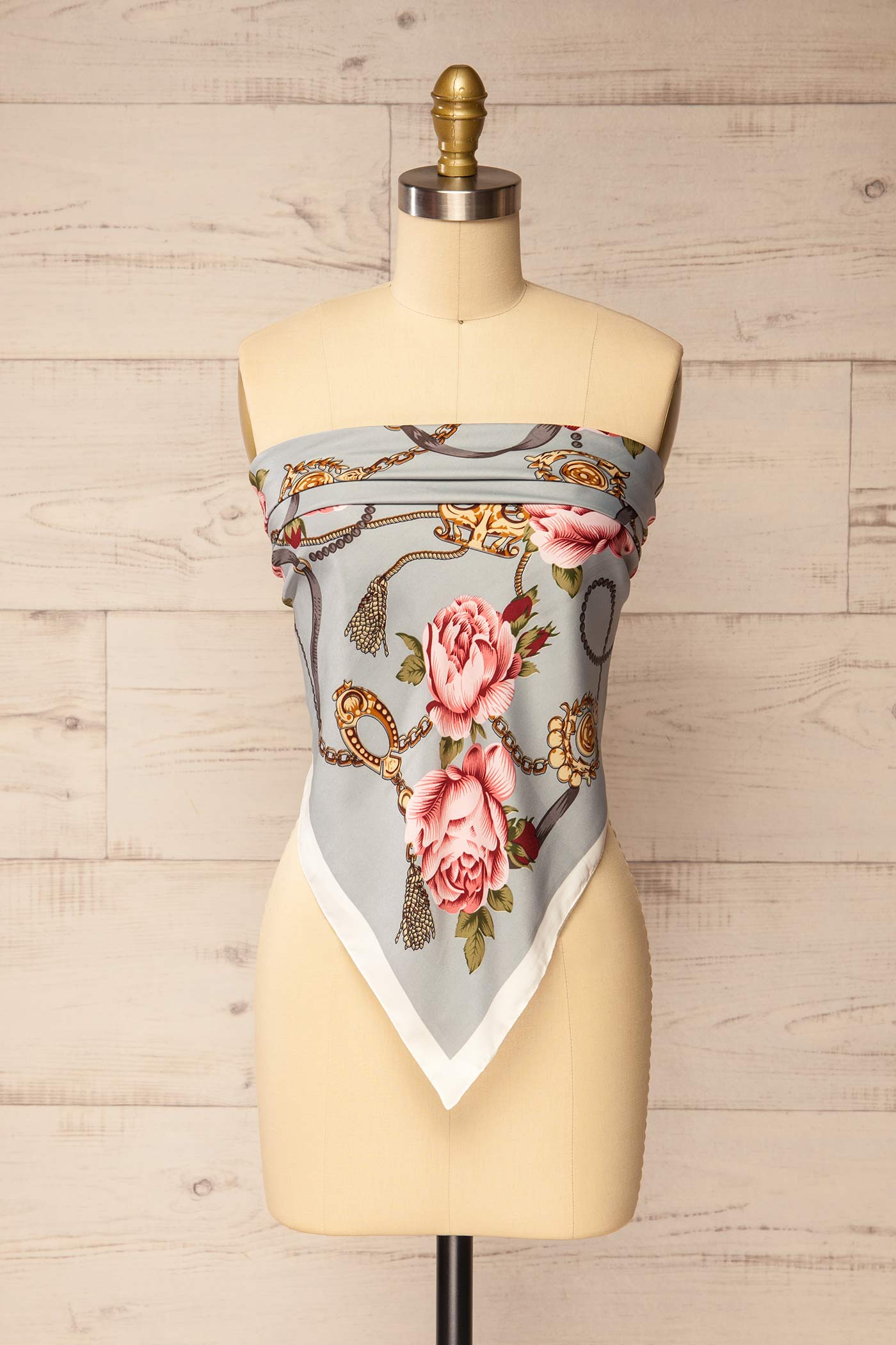 top view of Nanded Blue Floral Satin Scarf at La petite garçonne
