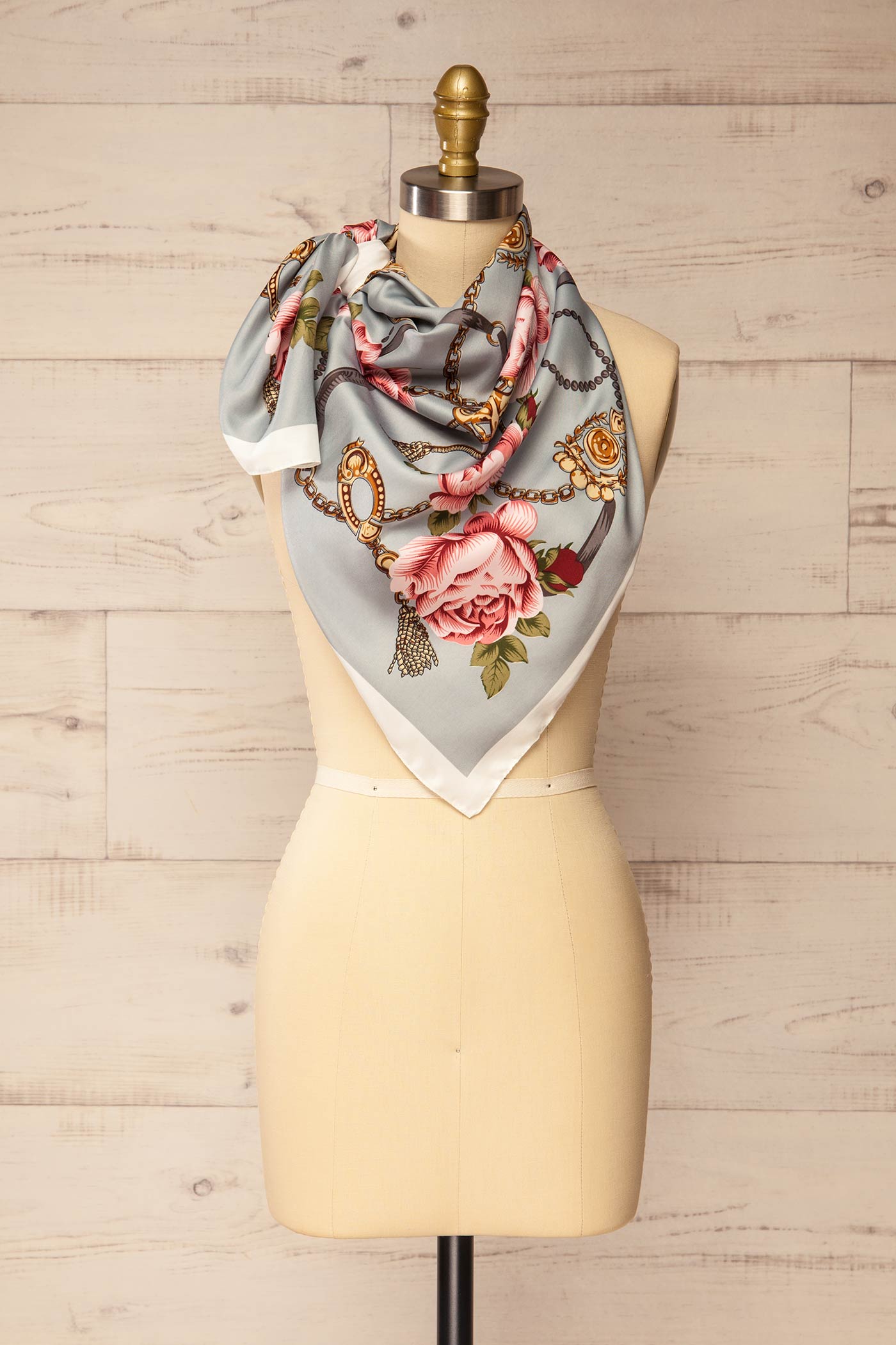 scarf style of Nanded Blue Floral Satin Scarf at La petite garçonne