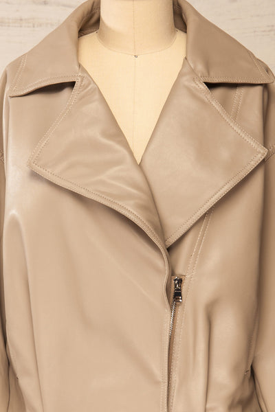 Nantes Taupe Faux Leather Jacket | La petite garçonne front close-up