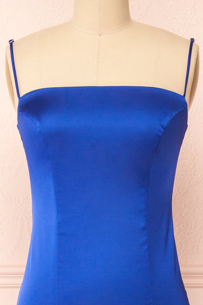Naomie Blue Silky Mermaid Gown w/ Slit | Boudoir 1861 front close-up