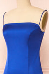 Naomie Blue Silky Mermaid Gown w/ Slit | Boudoir 1861 side close-up