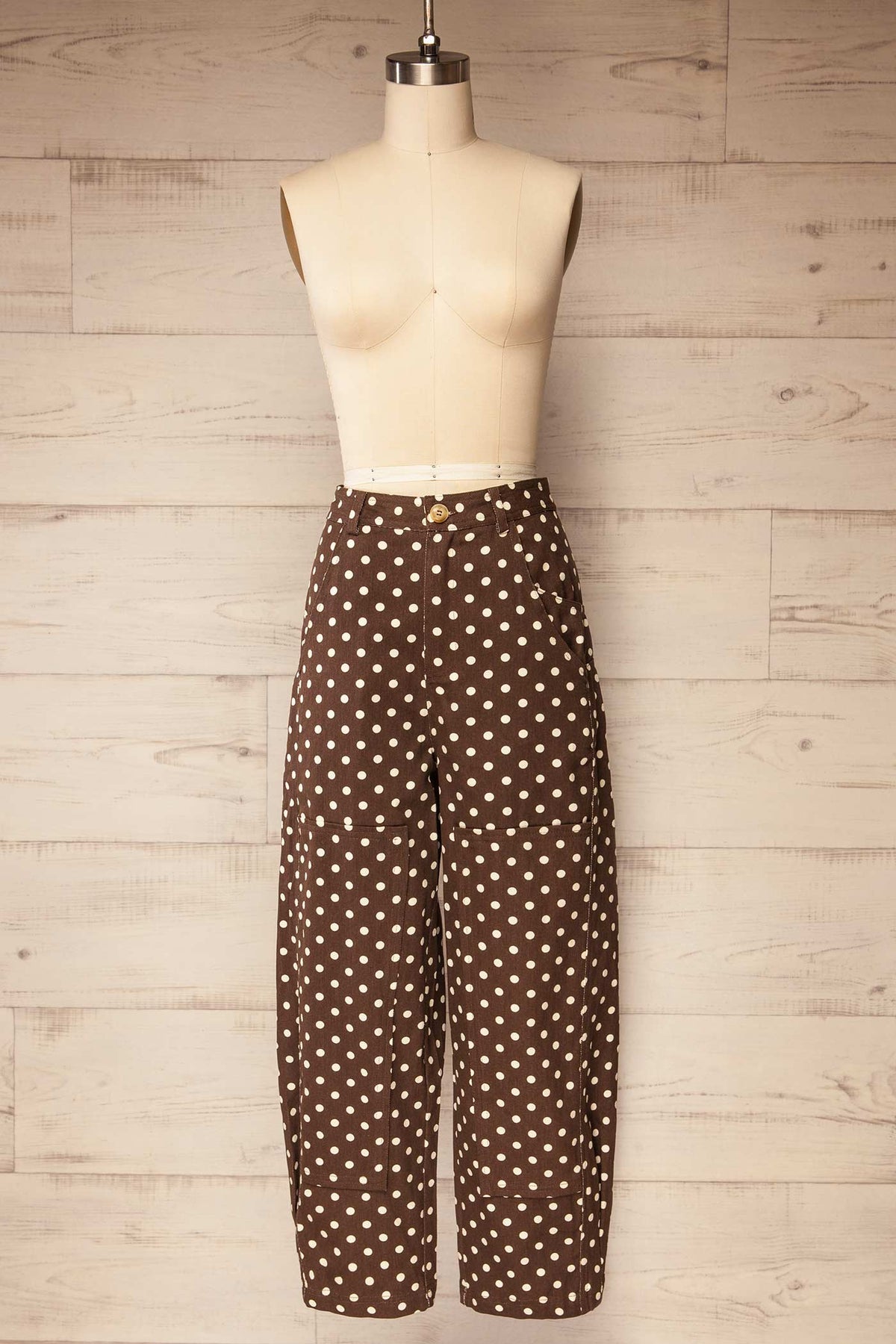 front view of Narrawong Brown Polka Dot Wide-Leg Barrel Pants at La petite garçonne