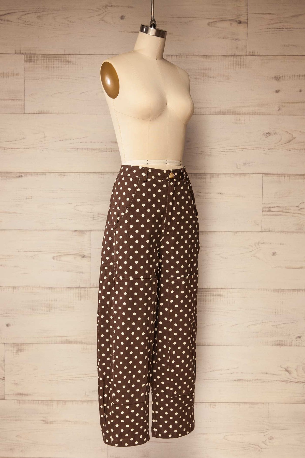 side view of Narrawong Brown Polka Dot Wide-Leg Barrel Pants at La petite garçonne