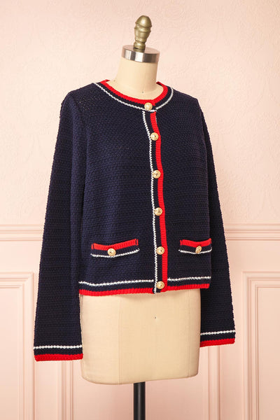 Narvella Navy Knit Cardigan w/ Golden Buttons | Boutique 1861 side view