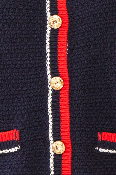 Narvella Navy Knit Cardigan w/ Golden Buttons | Boutique 1861 fabric