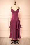 Front view of Nasella Burgundy Tiered Satin Midi Dress at Boutique 1861