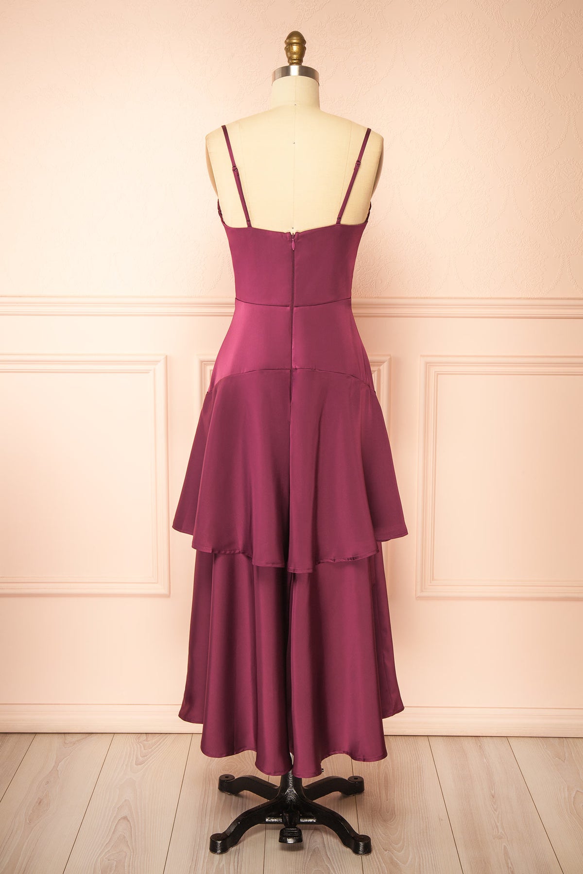 back view of Nasella Burgundy Tiered Satin Midi Dress at Boutique 1861