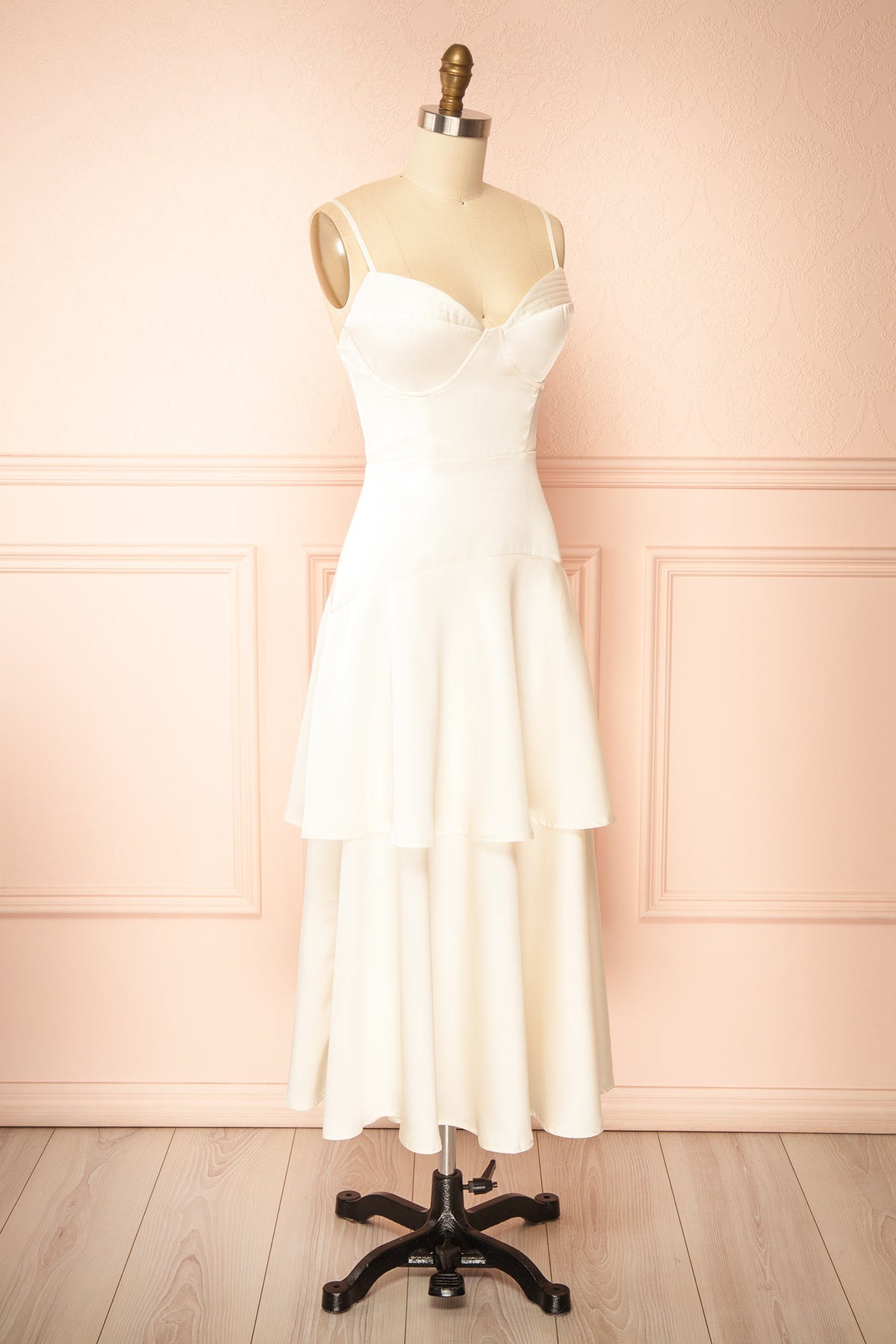 side view of Nasella Ivory Tiered Satin Midi Dress at Boudoir 1861