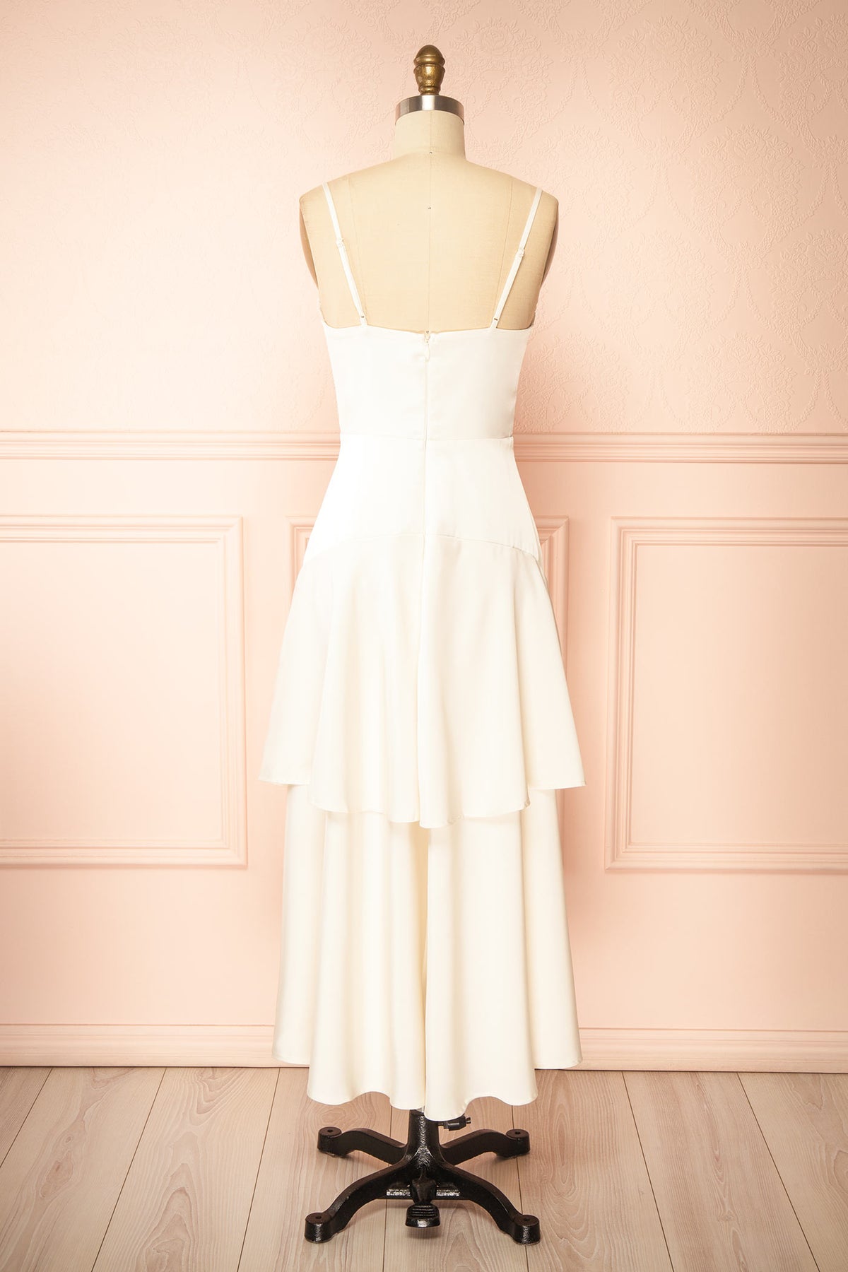 back view of Nasella Ivory Tiered Satin Midi Dress at Boudoir 1861