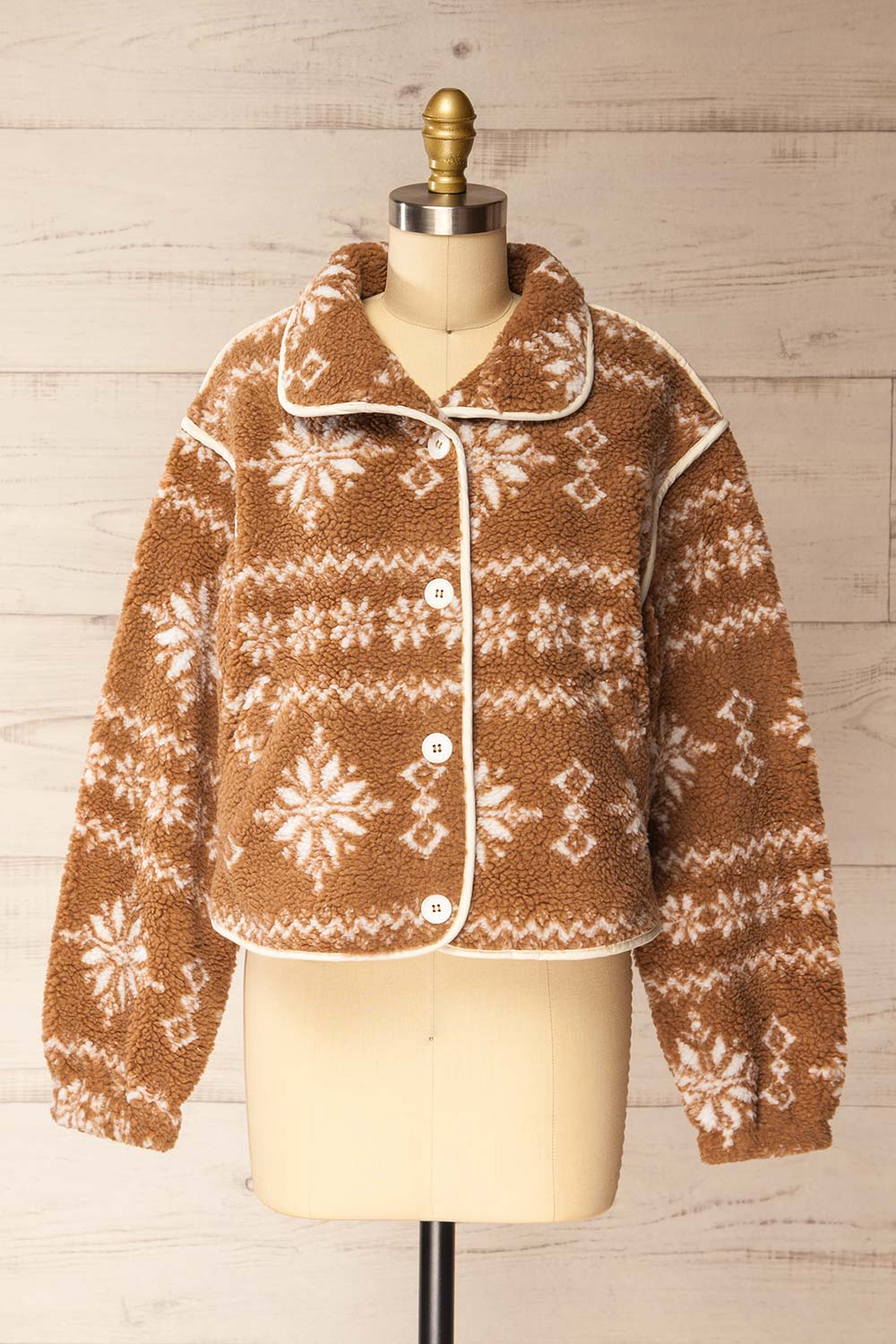 Nashik Brown Sherpa Jacket with Winter Motifs | La petite garçonne front view