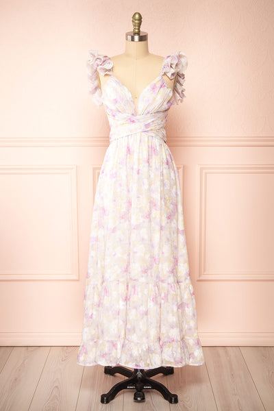 Natacha Long Lilac Floral Dress w/ Ruffled Straps | Boutique 1861 front view