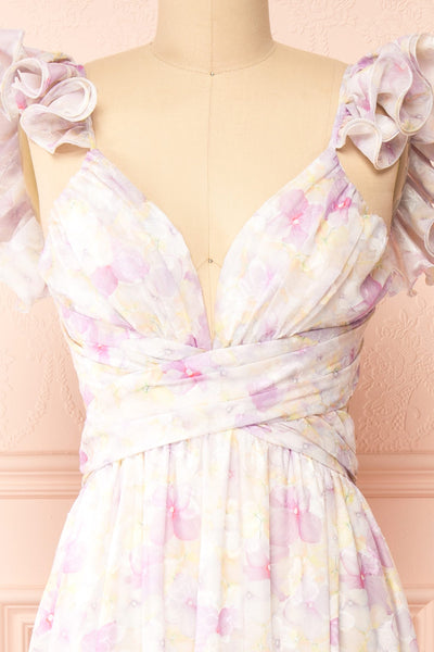 Natacha Long Lilac Floral Dress w/ Ruffled Straps | Boutique 1861 front close-up