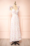 Natacha Long Lilac Floral Dress w/ Ruffled Straps | Boutique 1861 side view