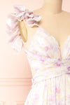Natacha Long Lilac Floral Dress w/ Ruffled Straps | Boutique 1861 side close-up