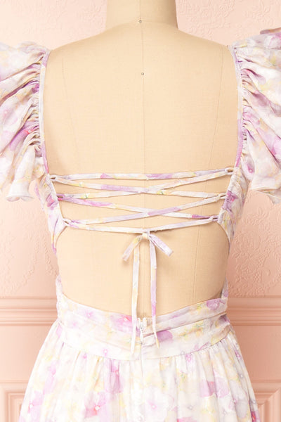 Natacha Long Lilac Floral Dress w/ Ruffled Straps | Boutique 1861 back close-up